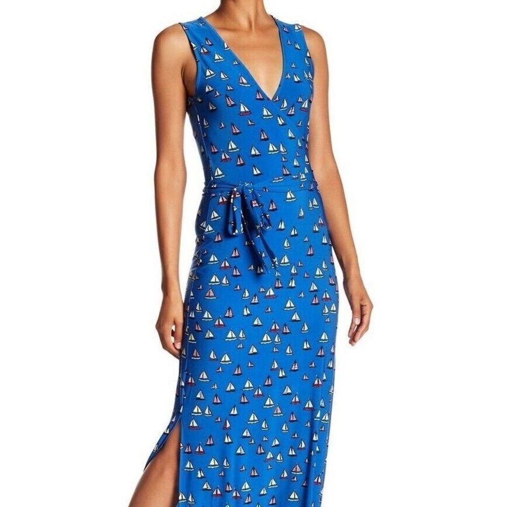 NWT Leota AHOY Sleeveless Surplice Neck Wrap Maxi Dress Sailboats Sz L 149296
